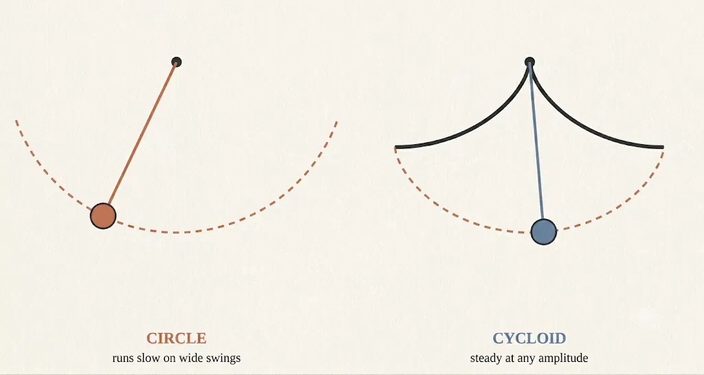 Side-by-side diagram comparing simple and cycloidal pendulums, noting that the circular path pendulum runs slow on wide swings while the cycloidal-guided pendulum is steady at any amplitude.