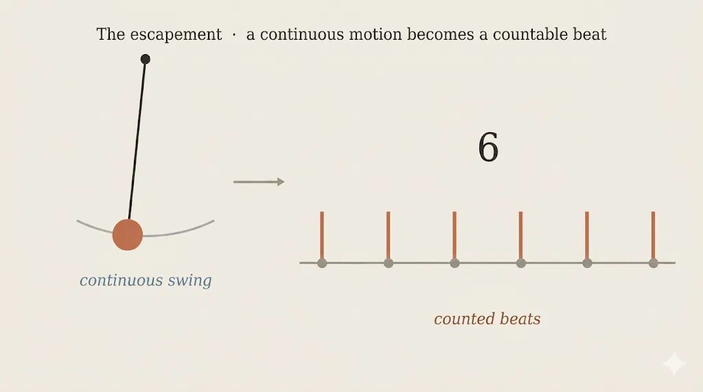 A diagram with the title 'The escapement · a continuous motion becomes a countable beat'. On the left, an illustration of a swinging pendulum on a curved track is labeled 'continuous swing'. A horizontal arrow points from the pendulum towards the right side of the diagram. On the right, a sequence of six equally spaced vertical bars on a horizontal line is displayed, with the prominent numeral '6' above them and the label 'counted beats' below.