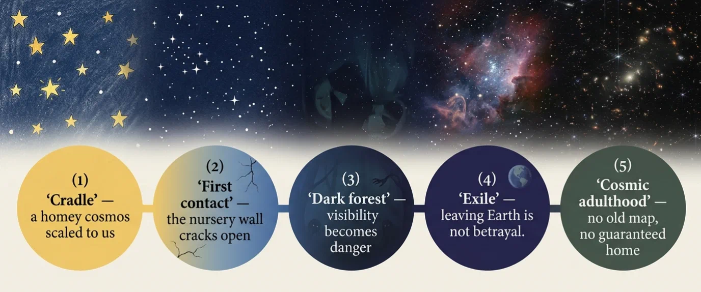 Civilization Leaves the Cradle: a five-stage flow from Cradle → First contact → Dark forest → Exile → Cosmic adulthood